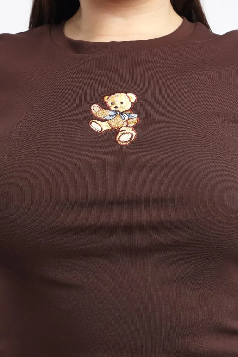 Circular Knit Construction Brown Graphic T Shirt Short Sleeve Crew Neck