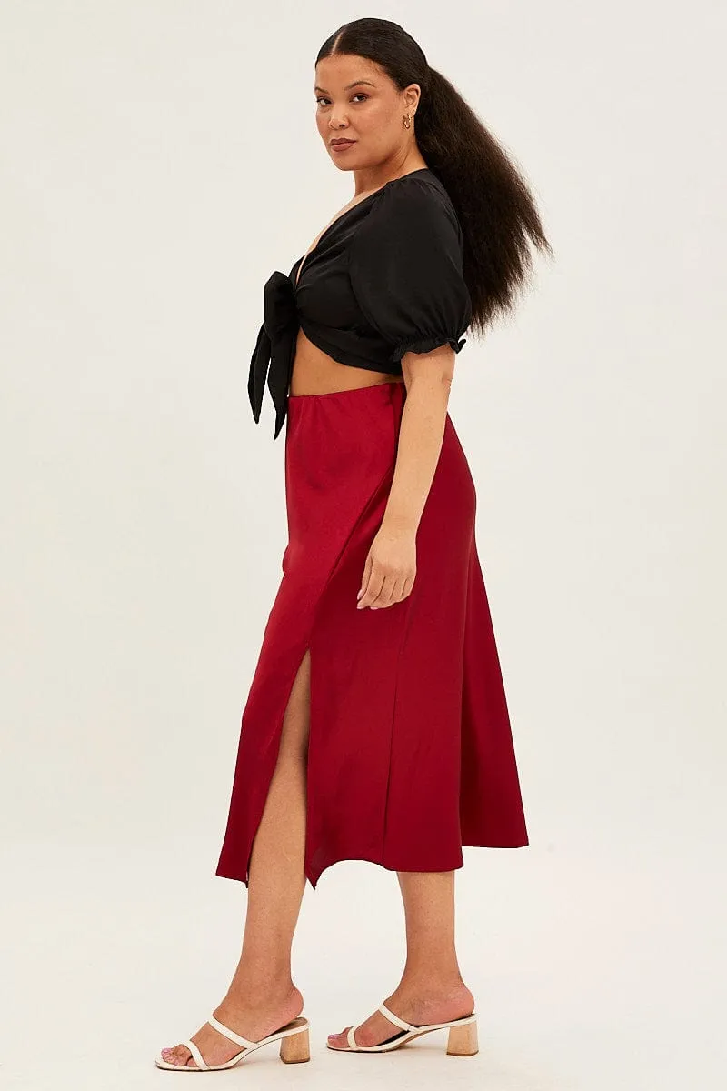 Modern Wardrobe Red Midi Skirt Satin Split Flare