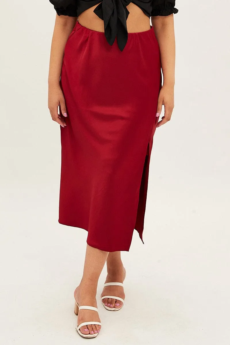 Polka Dot Red Midi Skirt Satin Split Flare