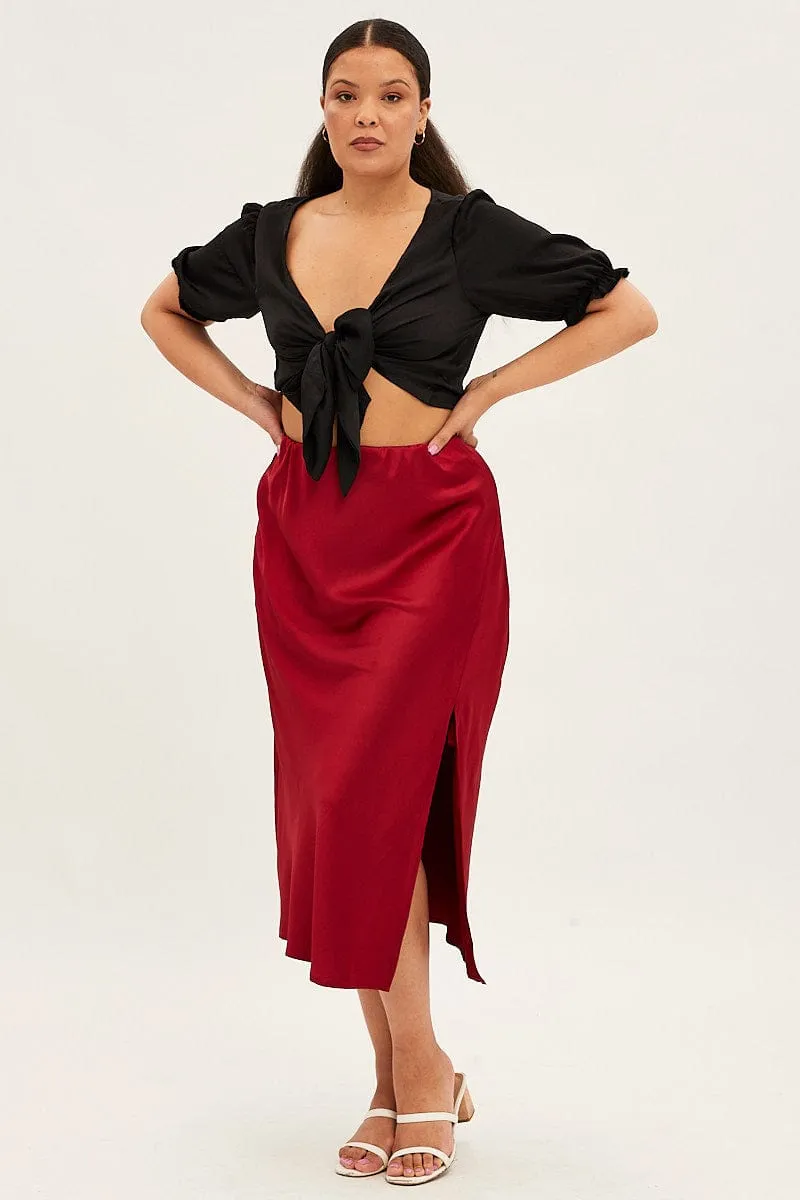 Simple looks Red Midi Skirt Satin Split Flare