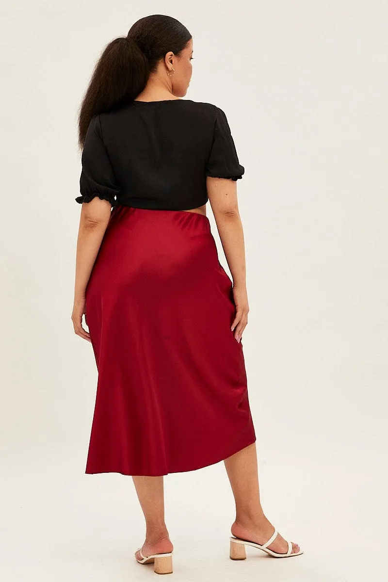 Red Midi Skirt Satin Split Flare Shirred Back Red Carpet Look