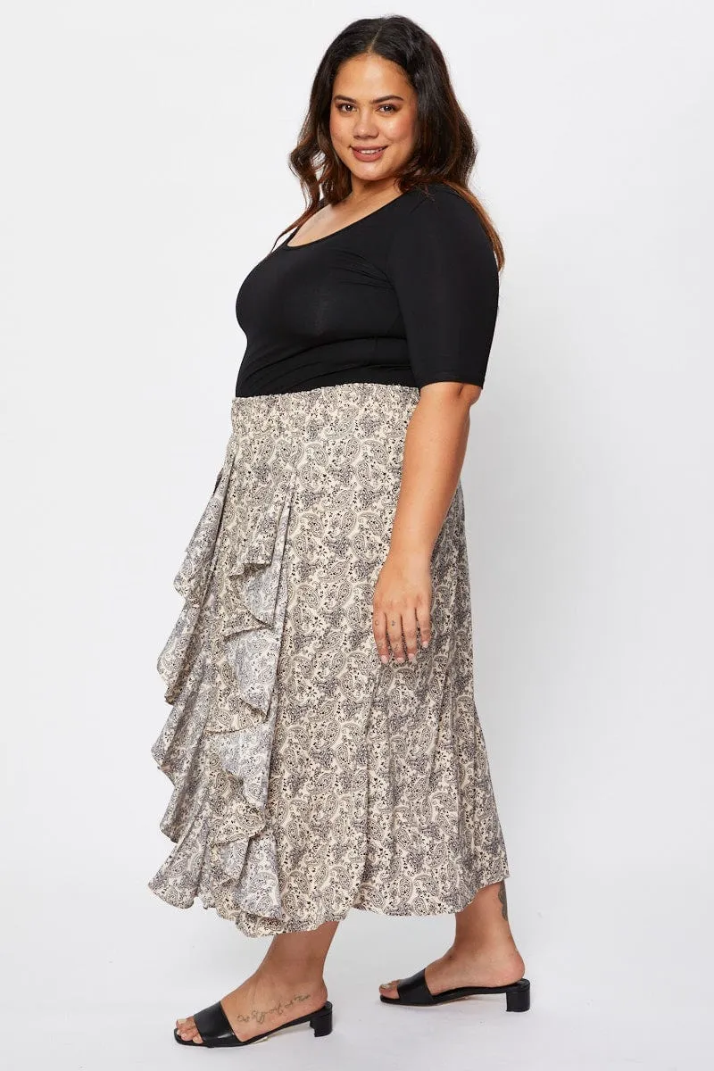 Floral Print Midi Skirt Ruffle Hem Machine wash safe Layered Look