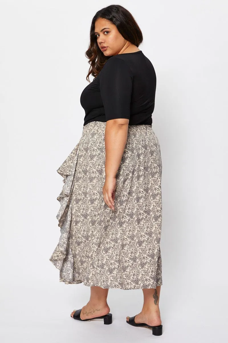 Floral Print Midi Skirt Ruffle Hem Smart Comfort Sleek Flow