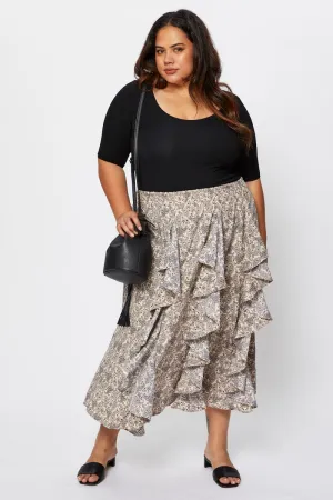 Floral Print Midi Skirt Ruffle Hem Cozy Vibes