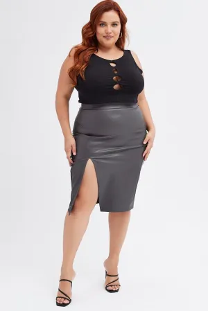 Style Fusion Grey Split Skirt Midi Faux Leather