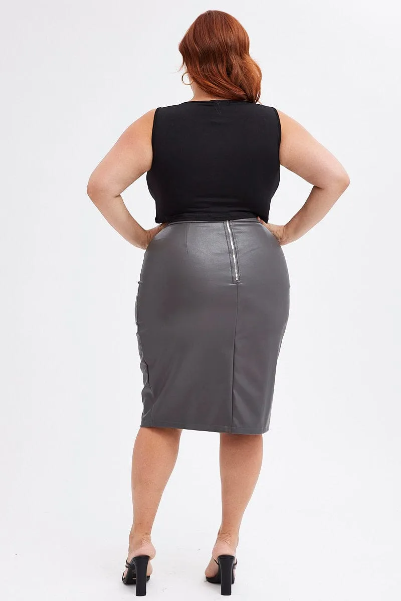 Grey Split Skirt Midi Faux Leather Easy Combo Cultural Heritage
