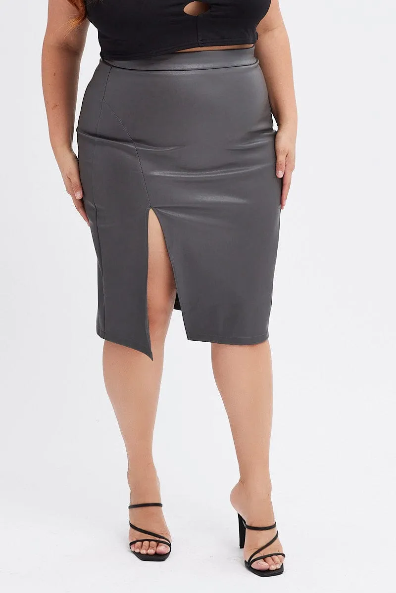 Flexible Comfort Non Restrictive Grey Split Skirt Midi Faux Leather