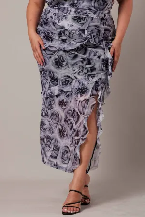 Neutral Look Black Floral Rosette Mesh Frill Skirt