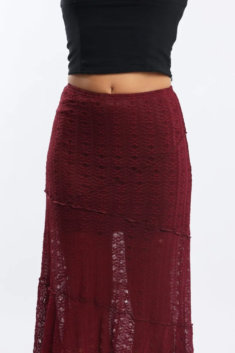 ruffle trim Print Mix Red Lace Midi Skirt