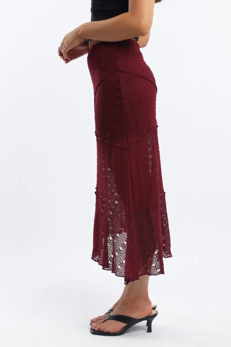 Red Lace Midi Skirt Drawstring closure