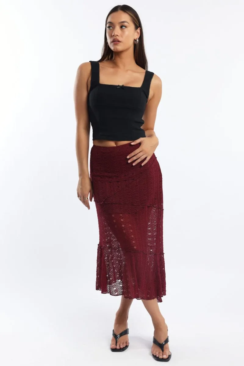 Red Lace Midi Skirt Soft Aesthetic