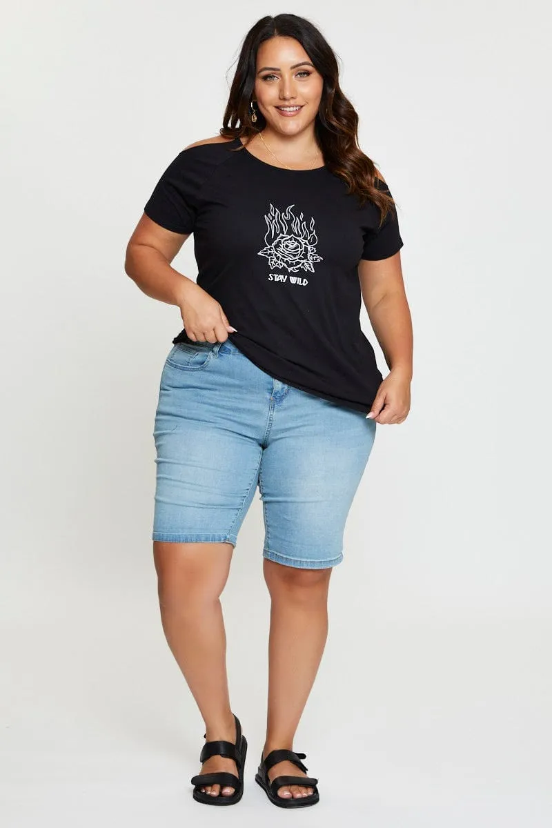 Non Toxic Materials RibbedNeckBanding Black Graphic T-shirt Stay Wild Crew Neck Short Sleeve