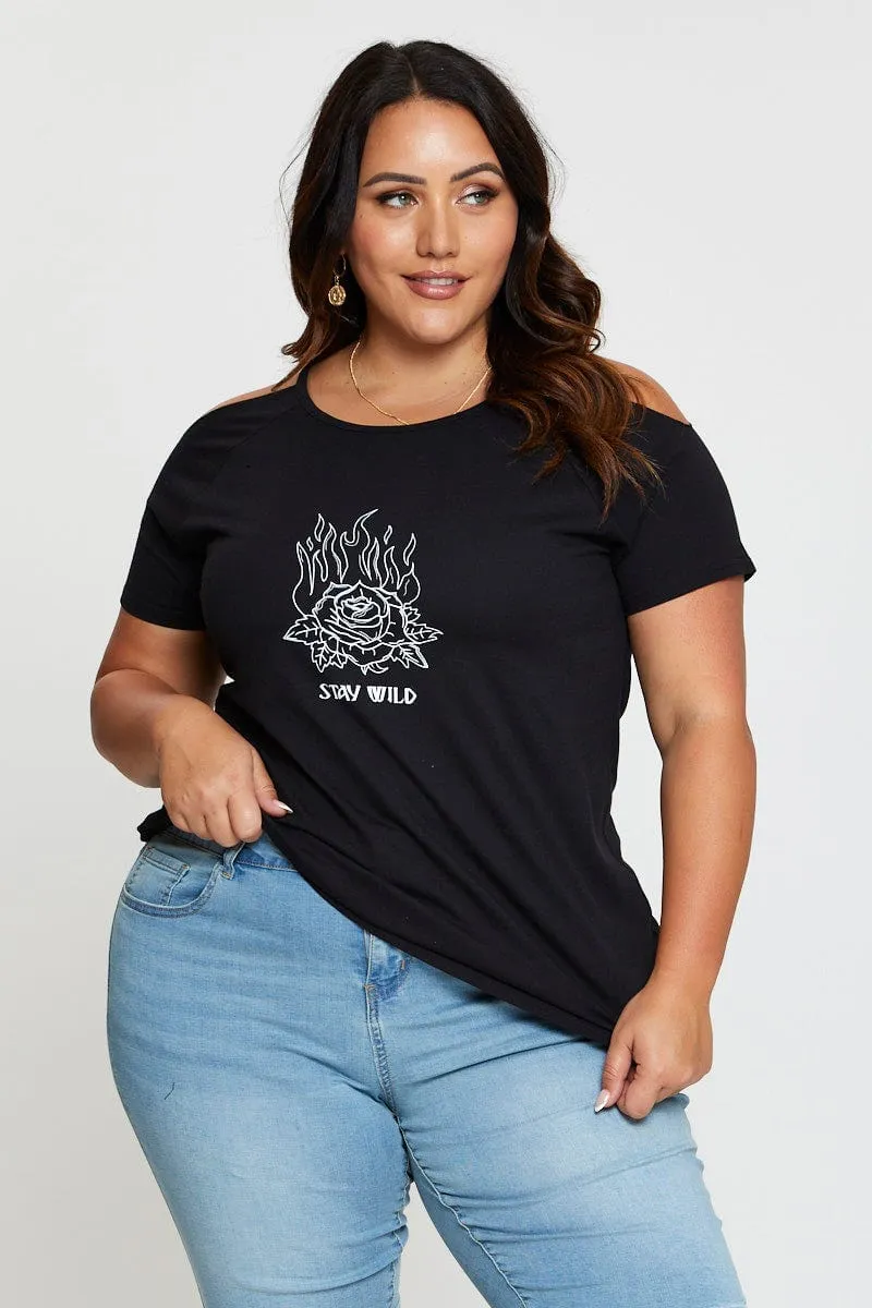 Black Graphic T-shirt Stay Wild Crew Neck Short Sleeve Holiday Outfit