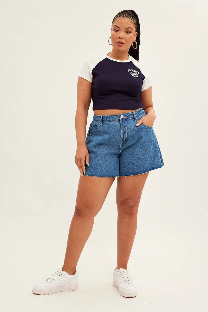 Tight Fit Light and Soft Blue Baby T-shirt Raglan Sleeve Contrast Embroidered