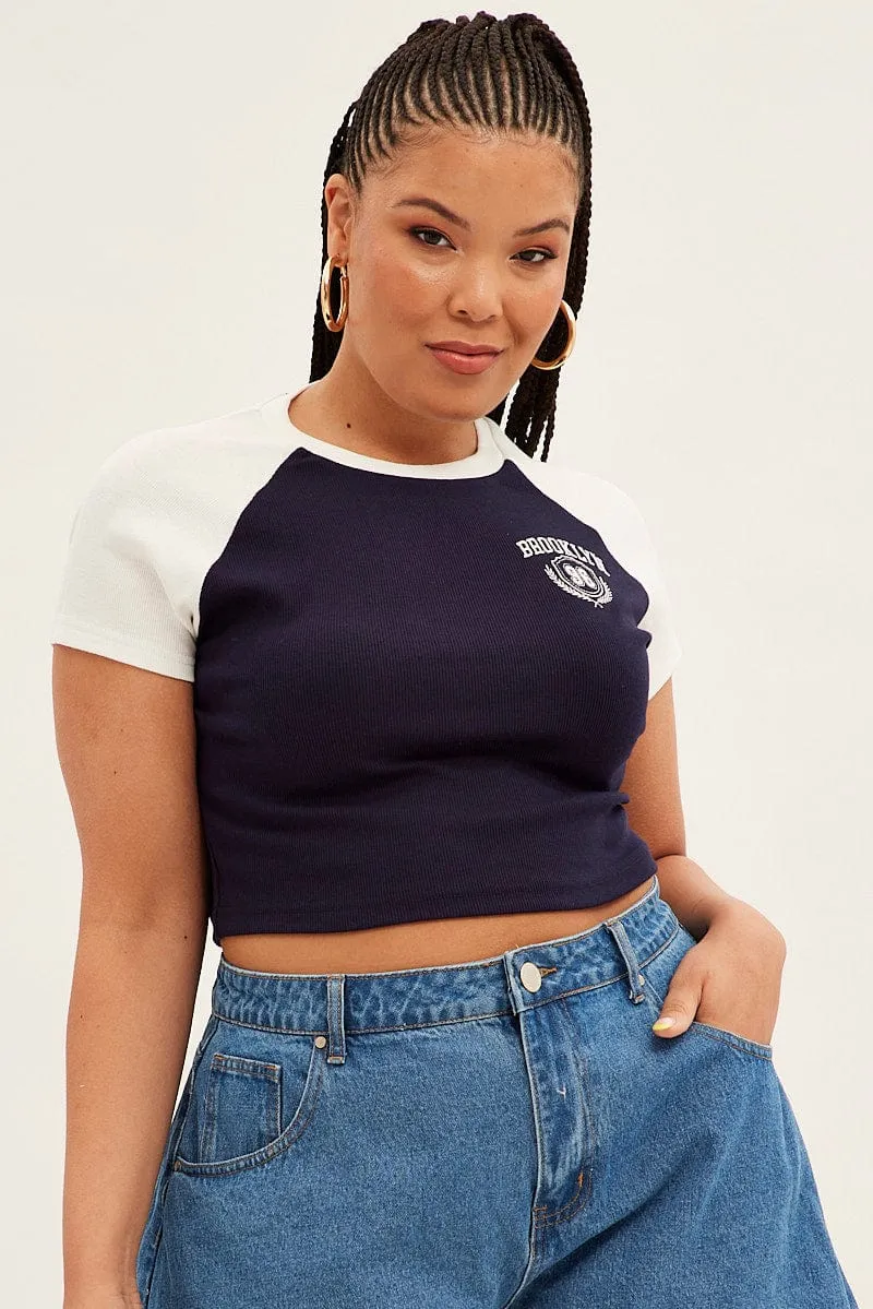 Plus Size Essential Casual Blue Baby T-shirt Raglan Sleeve Contrast Embroidered