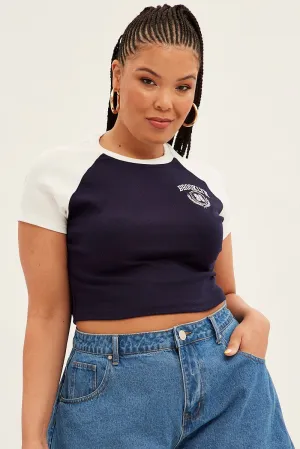 Plus Size Essential Casual Blue Baby T-shirt Raglan Sleeve Contrast Embroidered