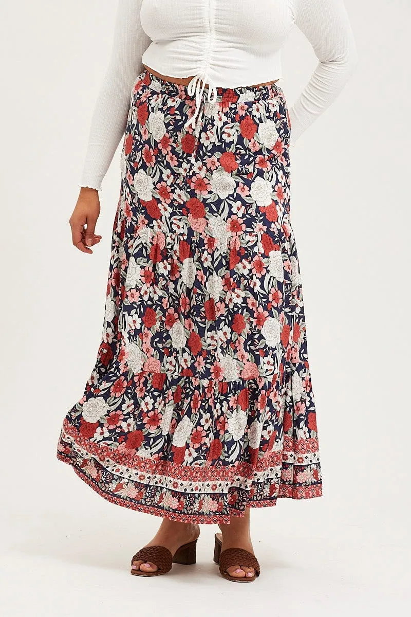 Tapered Cut Boho Print Tiered Maxi Skirt