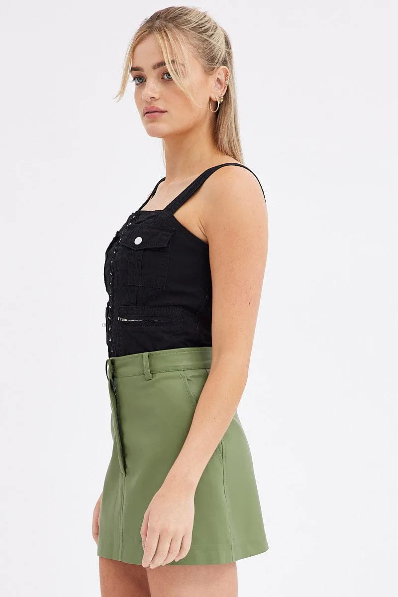 Green Mini Skirt High Rise Pocket Detail Faux Leather Travel Influence