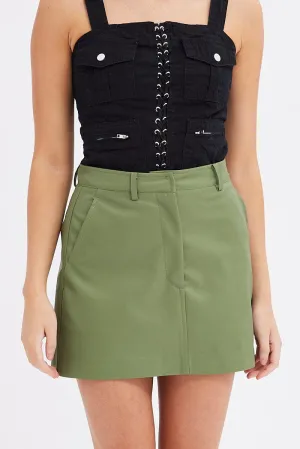 Green Mini Skirt High Rise Pocket Detail Faux Leather Modern Tones Timeless Piece
