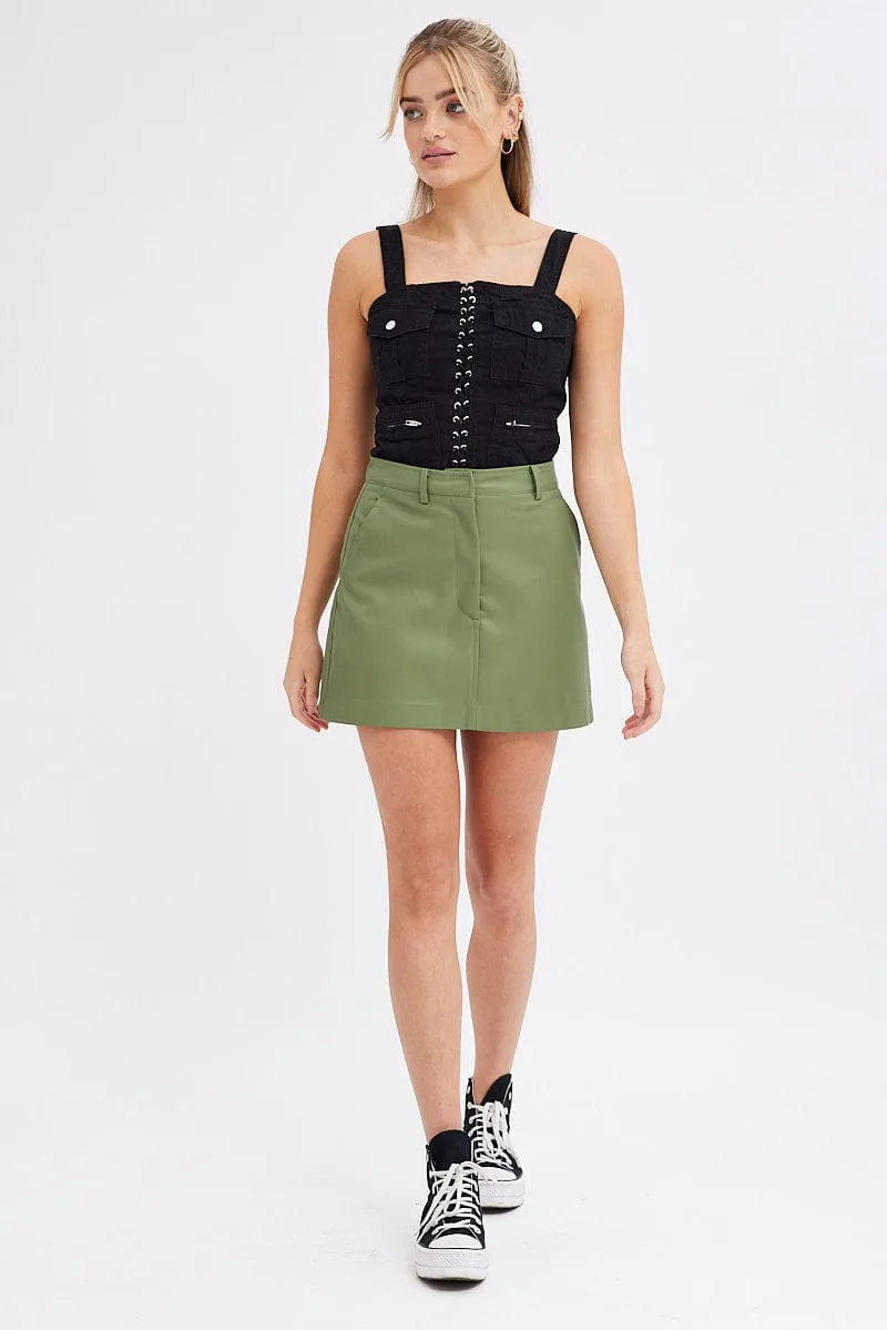 Green Mini Skirt High Rise Pocket Detail Faux Leather Roll Up Hem
