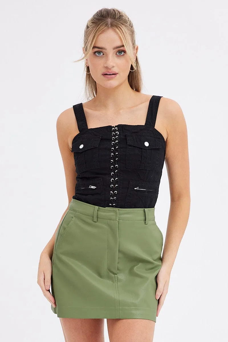 Eco Friendly Dye Bold Print Green Mini Skirt High Rise Pocket Detail Faux Leather