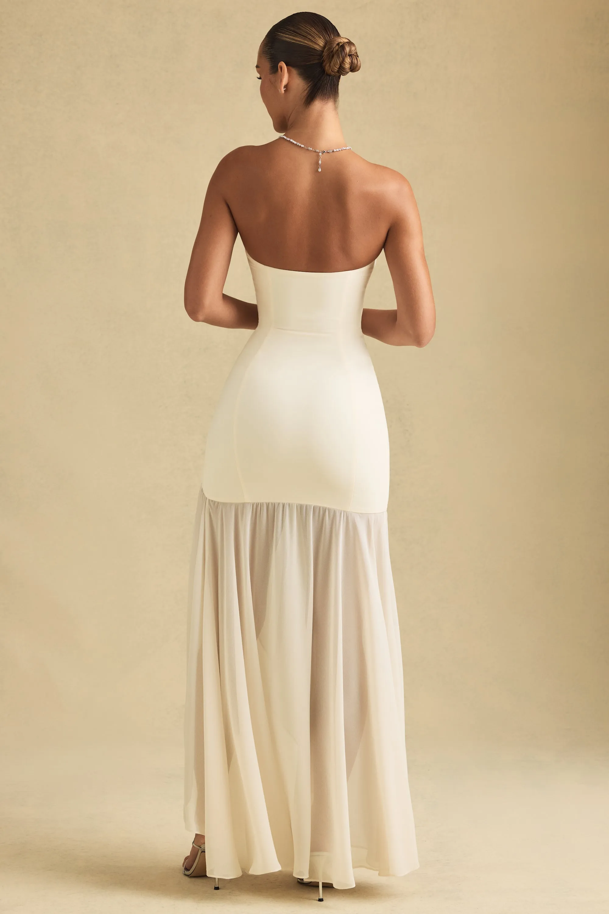 Asymmetric Strapless Fishtail Maxi Dress in Ivory Organza Air