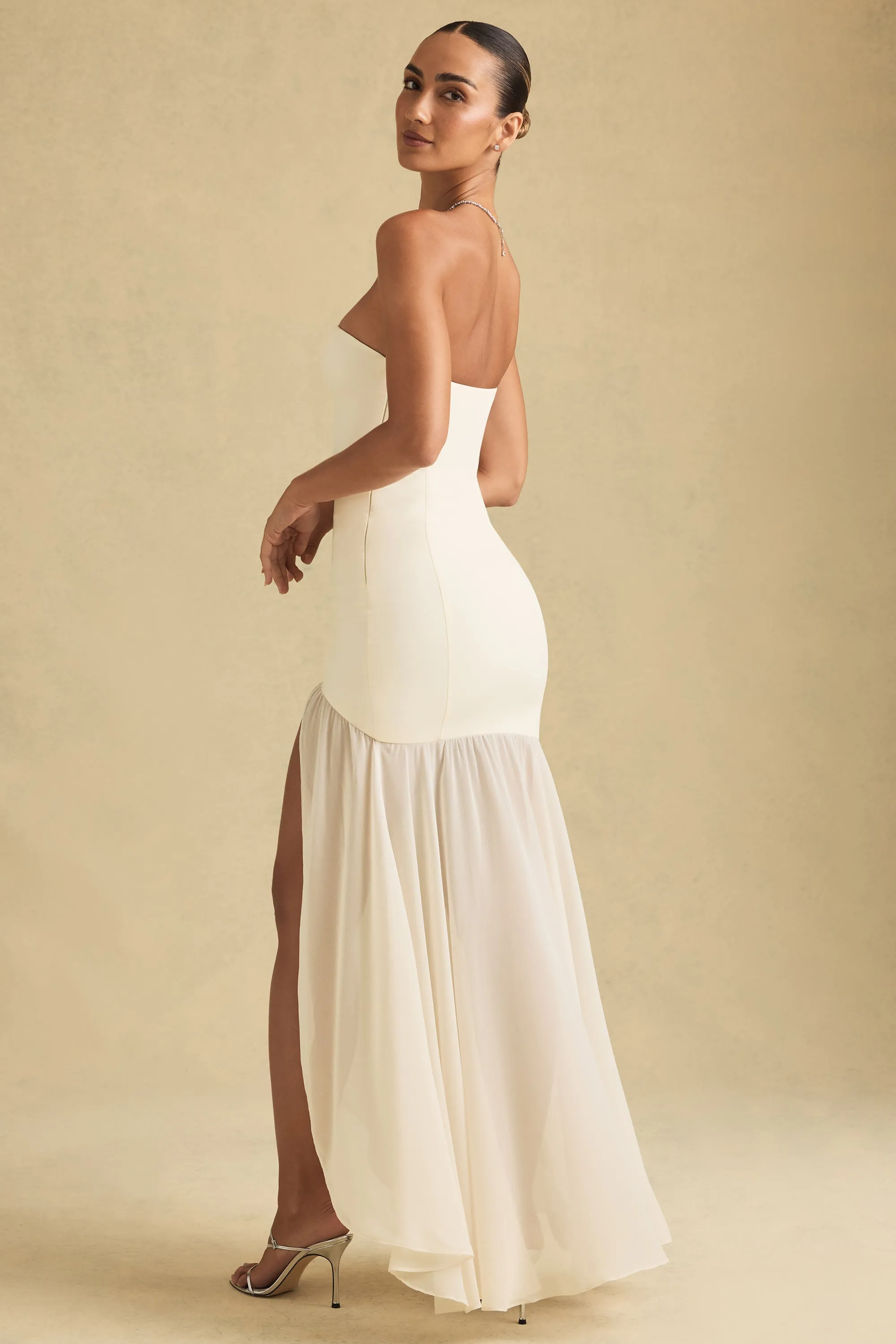 Chic Mood Trim Glow Asymmetric Strapless Fishtail Maxi Dress in Ivory