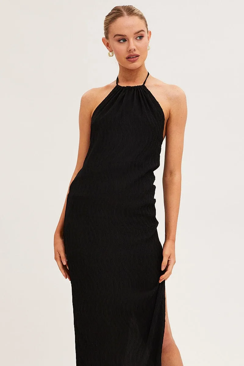 Black Textured Halter Dress Backless Golden Hour
