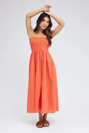 Burgundy Deep Orange Maxi Dress Shirred Bust Poplin