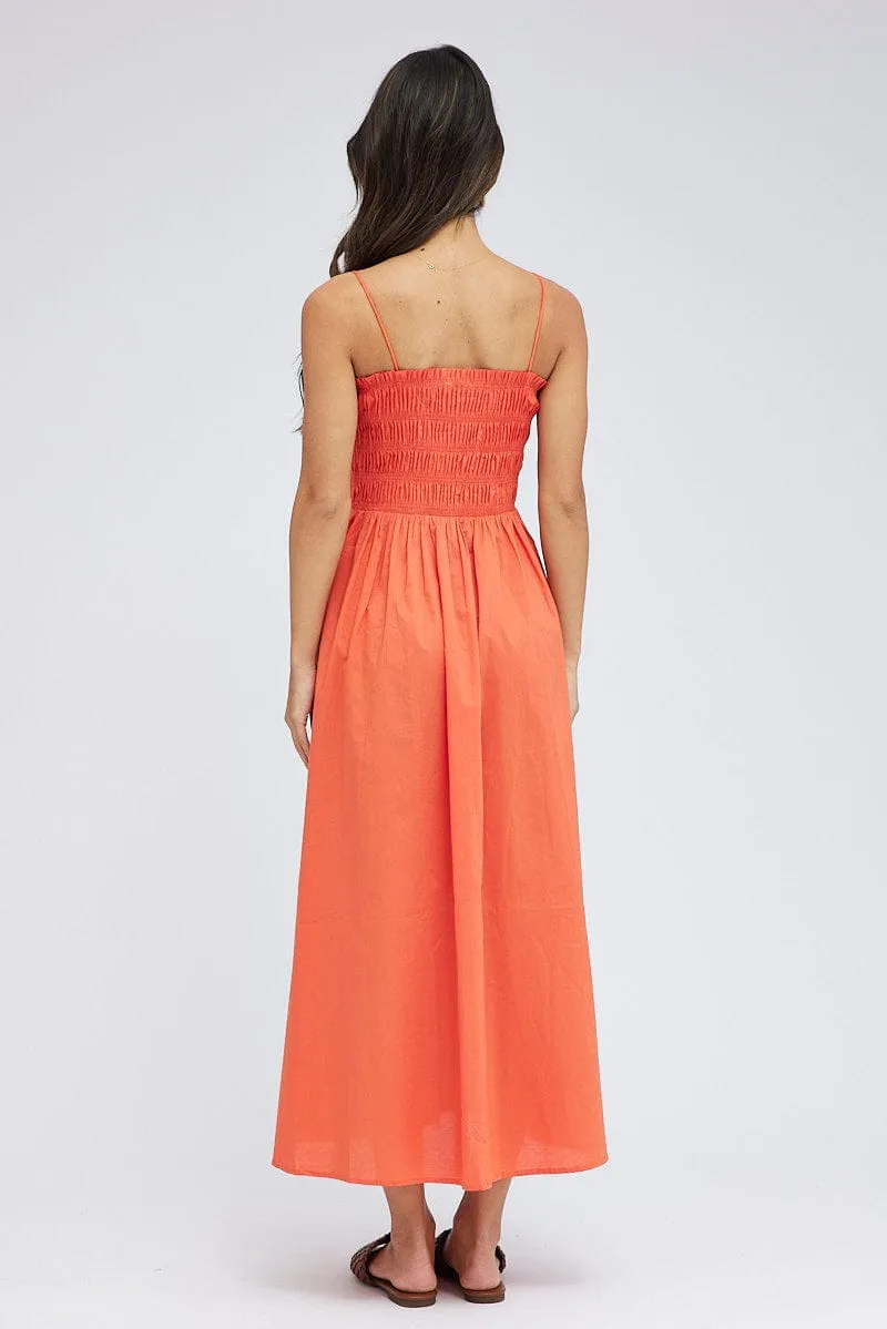 Amber Glow Orange Maxi Dress Shirred Bust Poplin