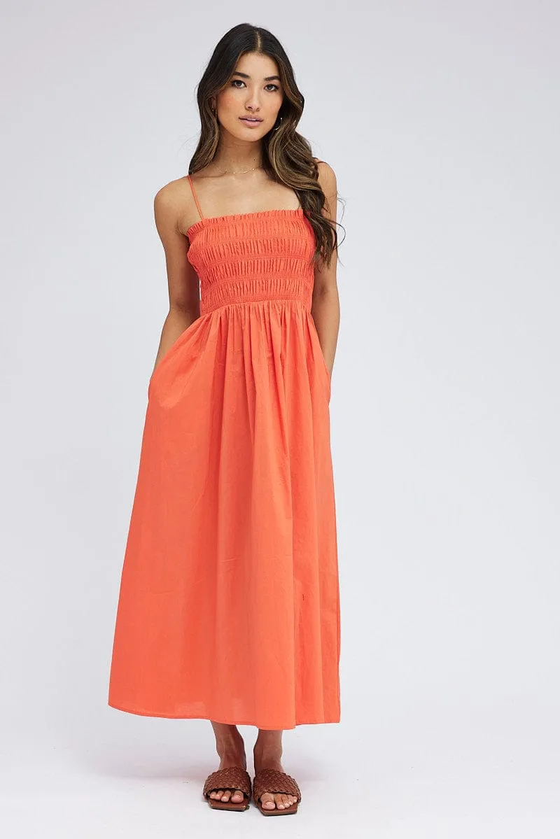 Orange Maxi Dress Shirred Bust Poplin Nickel Glow Chic Mood