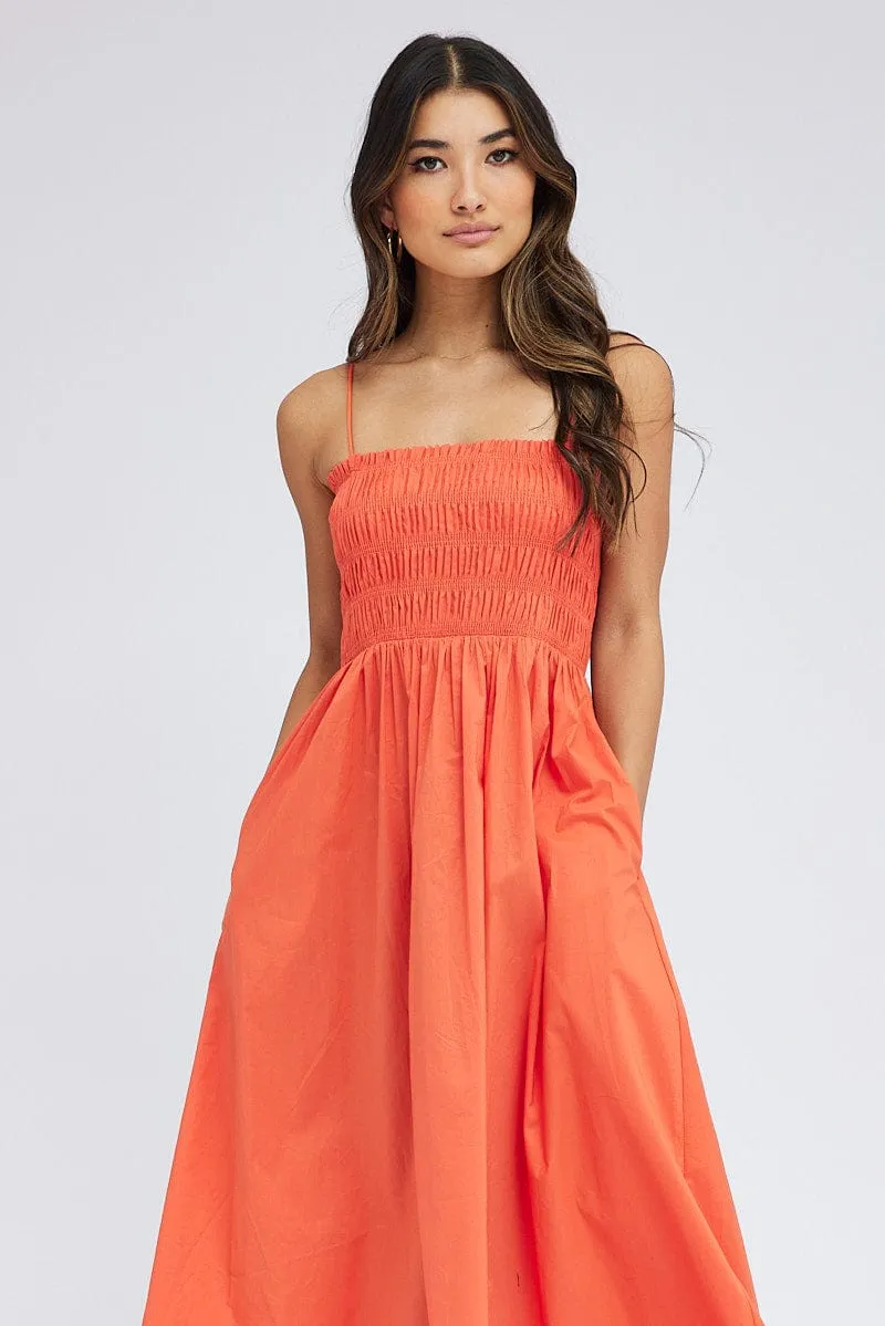 Orange Maxi Dress Shirred Bust Poplin Fashion-forward long piece