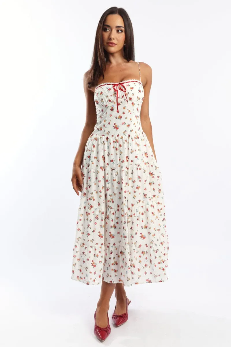 Trendy evening gown White Floral Maxi Dress Satin Tape Detail