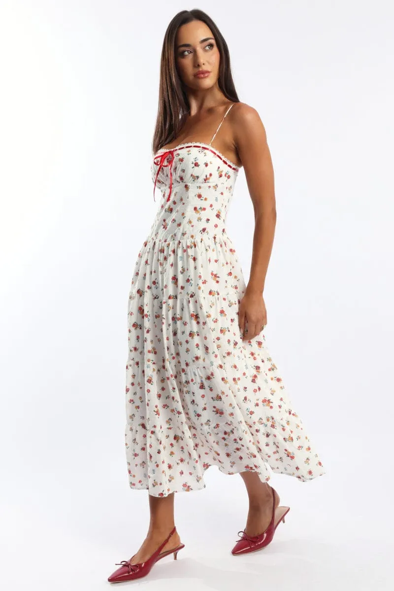 Dye Art Golden Dune White Floral Maxi Dress Satin Tape Detail