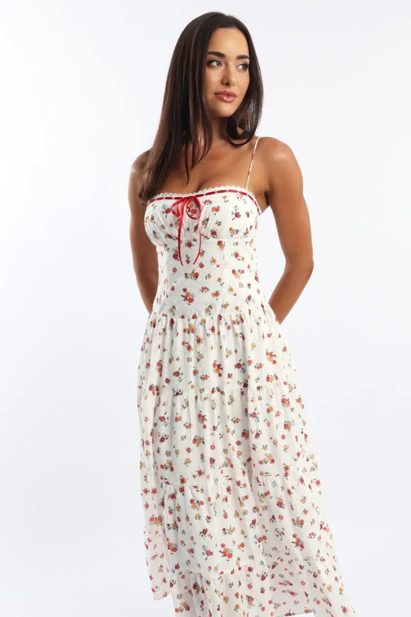 Harvest Glow White Floral Maxi Dress Satin Tape Detail