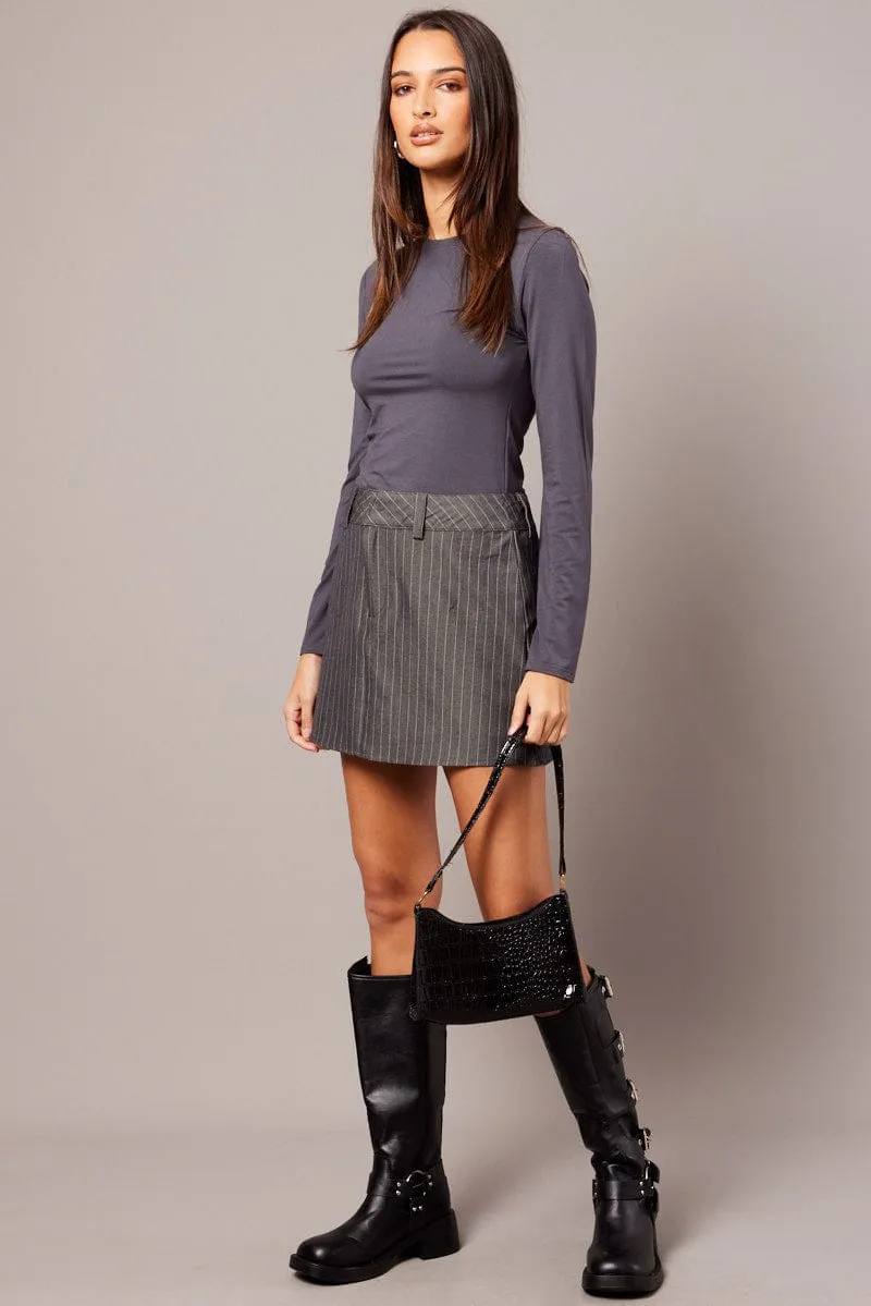 Twist Front Design Sharp Look Grey Stripe Mini Skirt Mid Rise