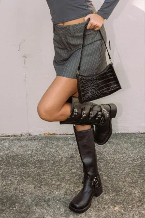 Media Feature Waist Defining Grey Stripe Mini Skirt Mid Rise
