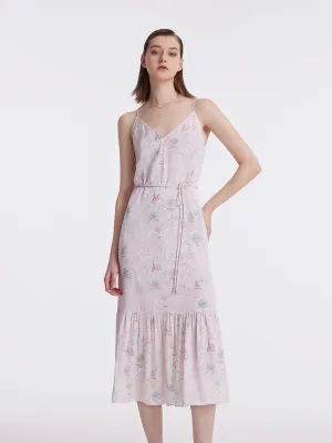 19 Momme Mulberry Silk Map Print Women Midi Dress With Belt Elegant knee-length dress