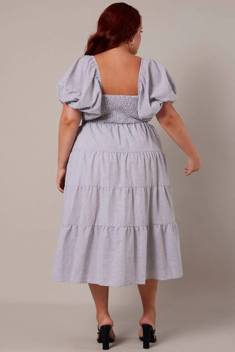 White Stripe Midi Dress Short Sleeve Tiered Crisp Wind
