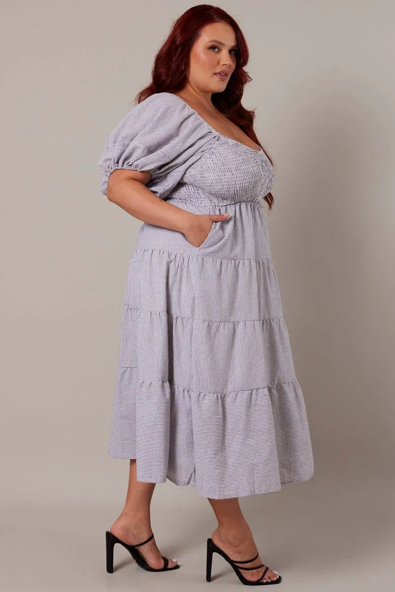 White Stripe Midi Dress Short Sleeve Tiered Temple Way