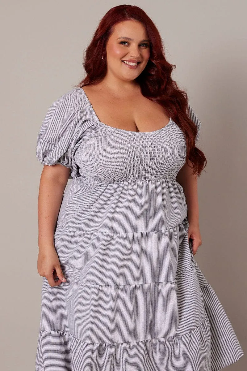 White Stripe Midi Dress Short Sleeve Tiered Relaxed fit for outings