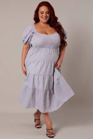 Flattering Outfit Day-to-Night Look White Stripe Midi Dress Short Sleeve Tiered
