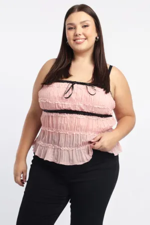 Pink Cami Top Textured Contrast Ribbon Zen Glow