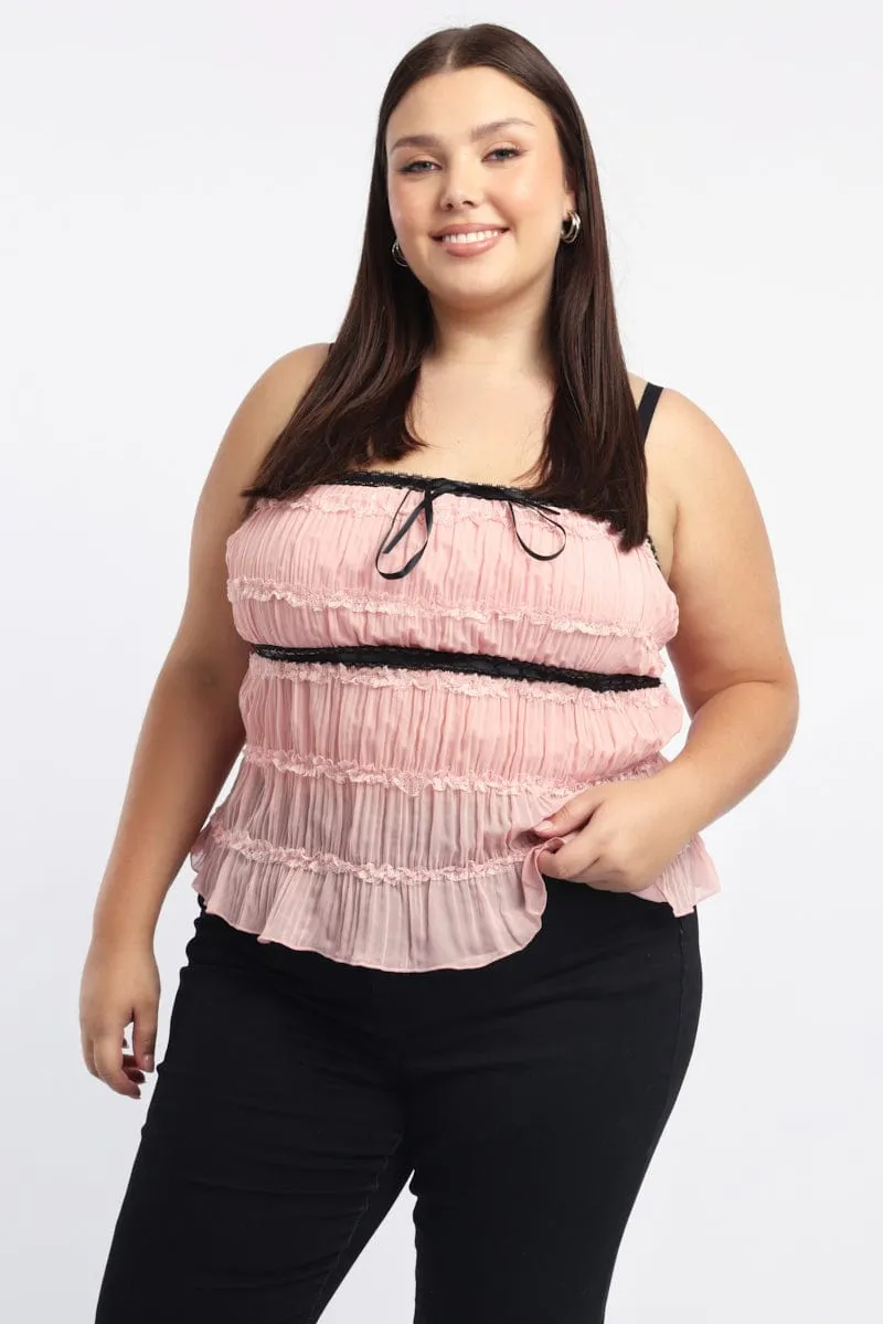 Pink Cami Top Textured Contrast Ribbon Zen Glow