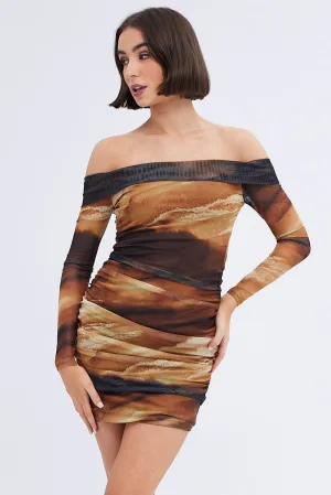 Day To Night Comfortable date night mini Brown Abstract Mini Dress Bardot Off Shoulder Bodycon Ruched
