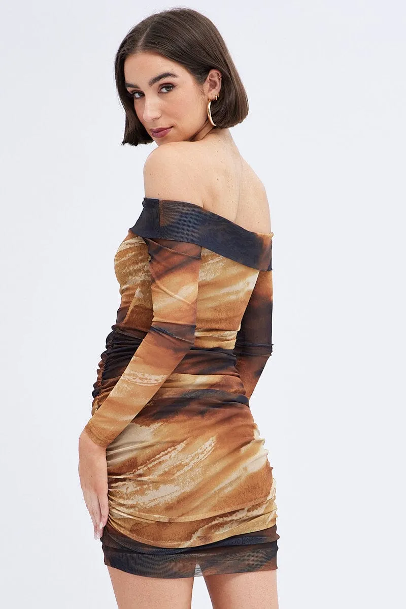 Dressy Cool Brown Abstract Mini Dress Bardot Off Shoulder Bodycon Ruched