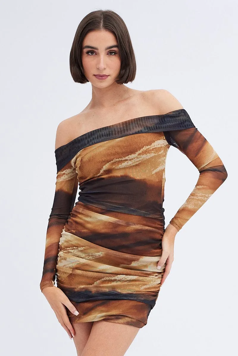 Brown Abstract Mini Dress Bardot Off Shoulder Bodycon Ruched Structured Collar Bar Hopping