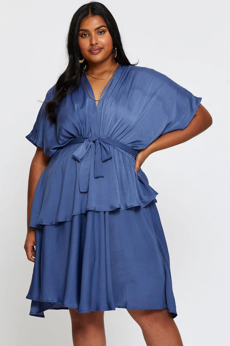 Mid Blue Skater Dress V-neck Batwing Sleeve Tie Light Touch Pose Glow