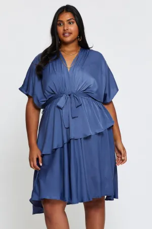 Vibrant Chic Mid Blue Skater Dress V-neck Batwing Sleeve Tie