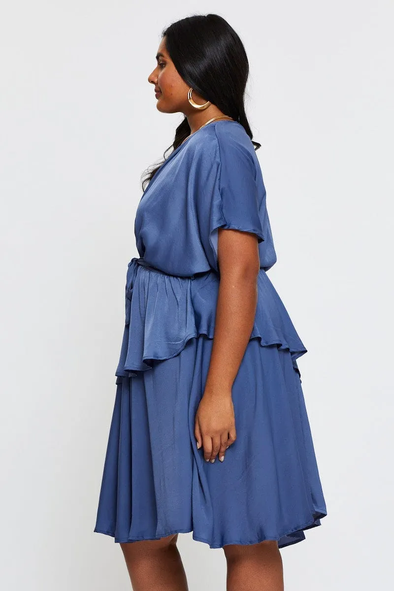 Bohemian Design Anti Static Material Mid Blue Skater Dress V-neck Batwing Sleeve Tie
